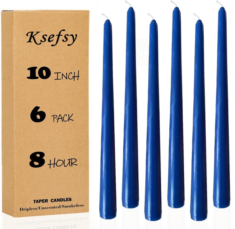 Ksefsy Ksefey 10 Inch Blue Taper Candles Set of 6 - Dripless,Unscented,8 Hours Burn Time-Perfect for Wedding,Dinner,Party and Home Decor - Image 1